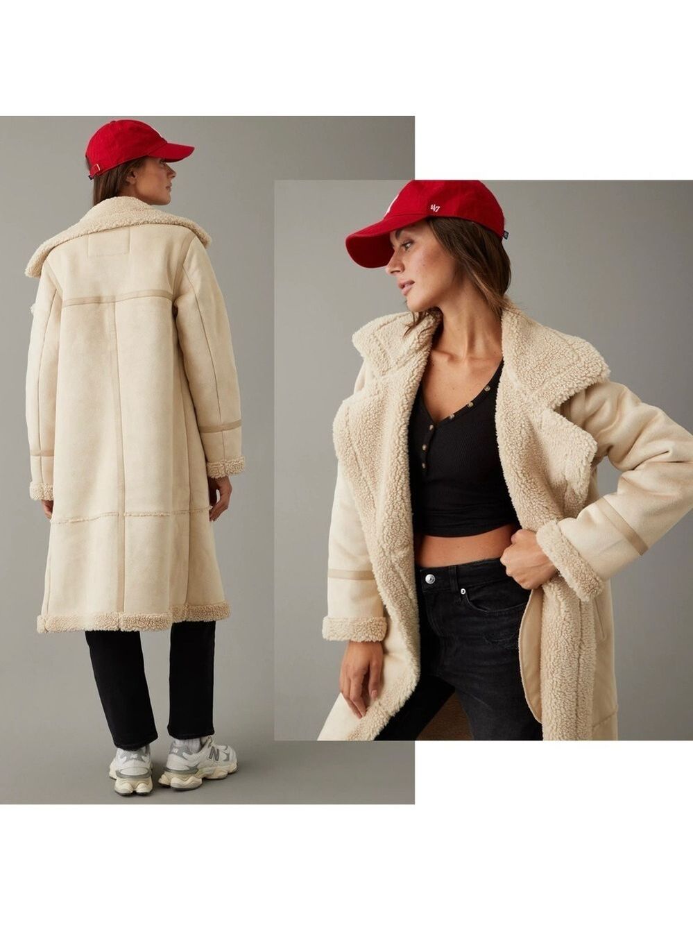 American Eagle double-breasted Vegan faux shearling coat light beige cream Sz L - Picture 3 of 14